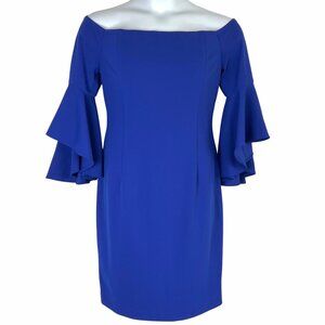 Calvin Klein Off-Shoulder Sheath Blue Dress Size 14 Ruffled 3/4 Sleeves EUC